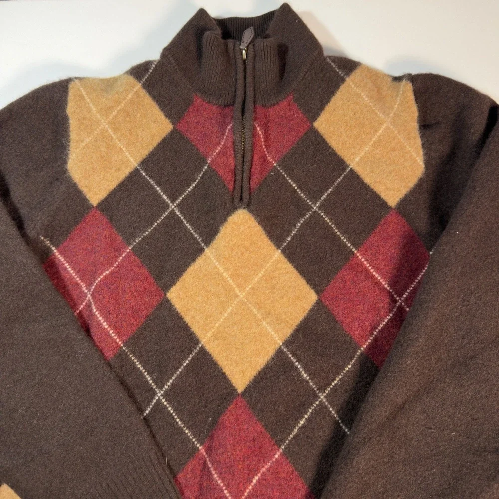 Brooks Brothers Argyle Sweater Kids XXL Brown Excellent Lambswool Quarter-Zip